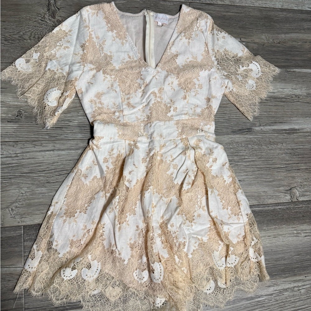 Entro White and Gold Tiered Jumpsuit with V-Neck